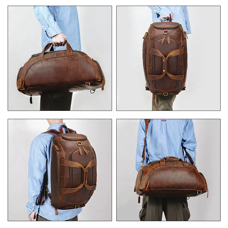 Leather Convertible Backpack Duffle Bag With Shoe Compartment