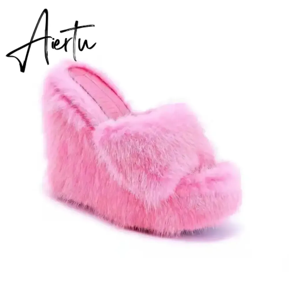 Luxury new women feminine high-heeled fur drag outdoor all-match shoes slippers round head wedges with mink fur ms slippers