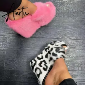 Luxury new women feminine high-heeled fur drag outdoor all-match shoes slippers round head wedges with mink fur ms slippers