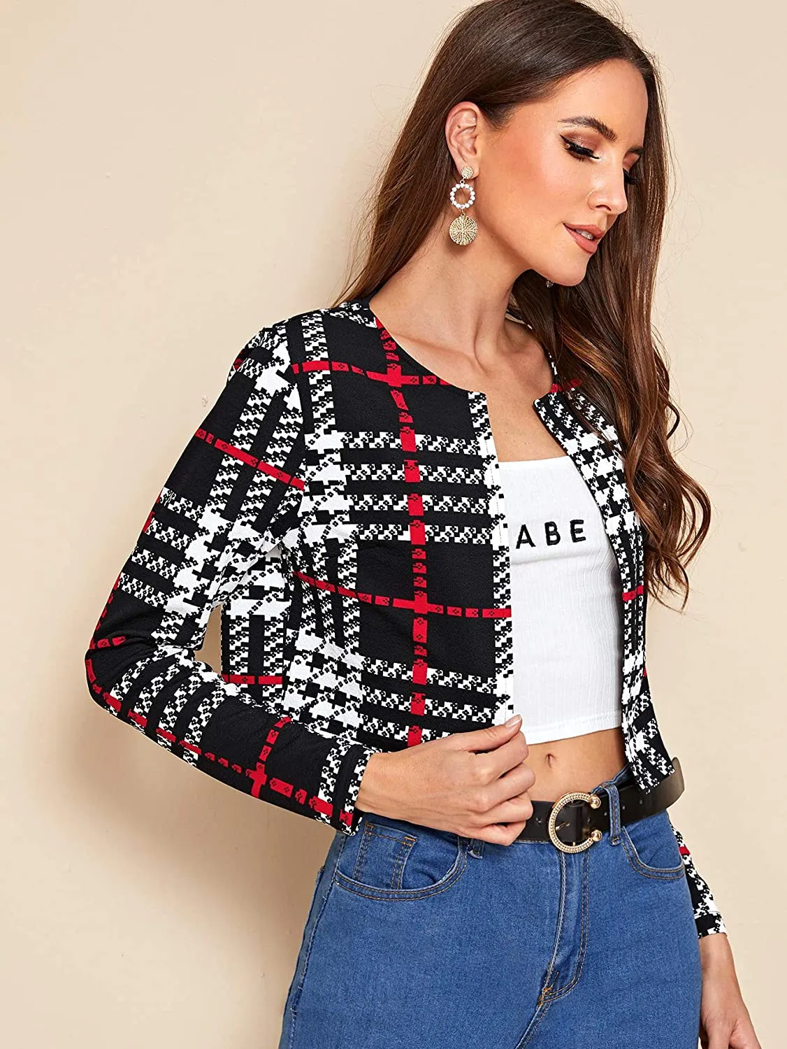 MakeMeChic Women's Casual Grid Print Long Sleeve Open Front Blazer Crop Top