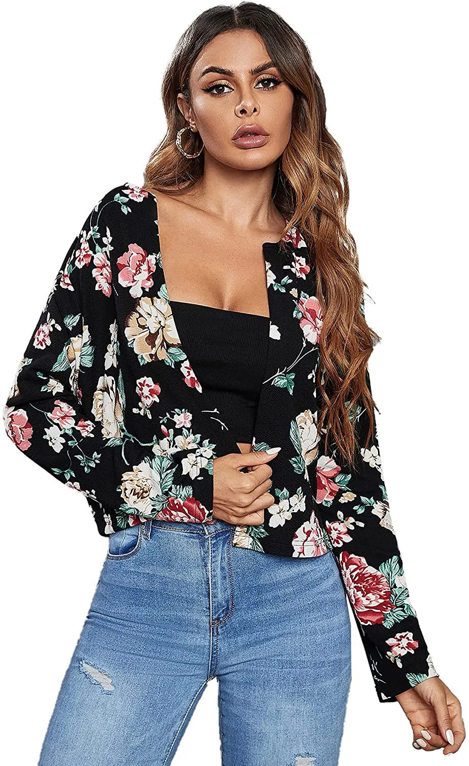 MakeMeChic Women's Casual Grid Print Long Sleeve Open Front Blazer Crop Top