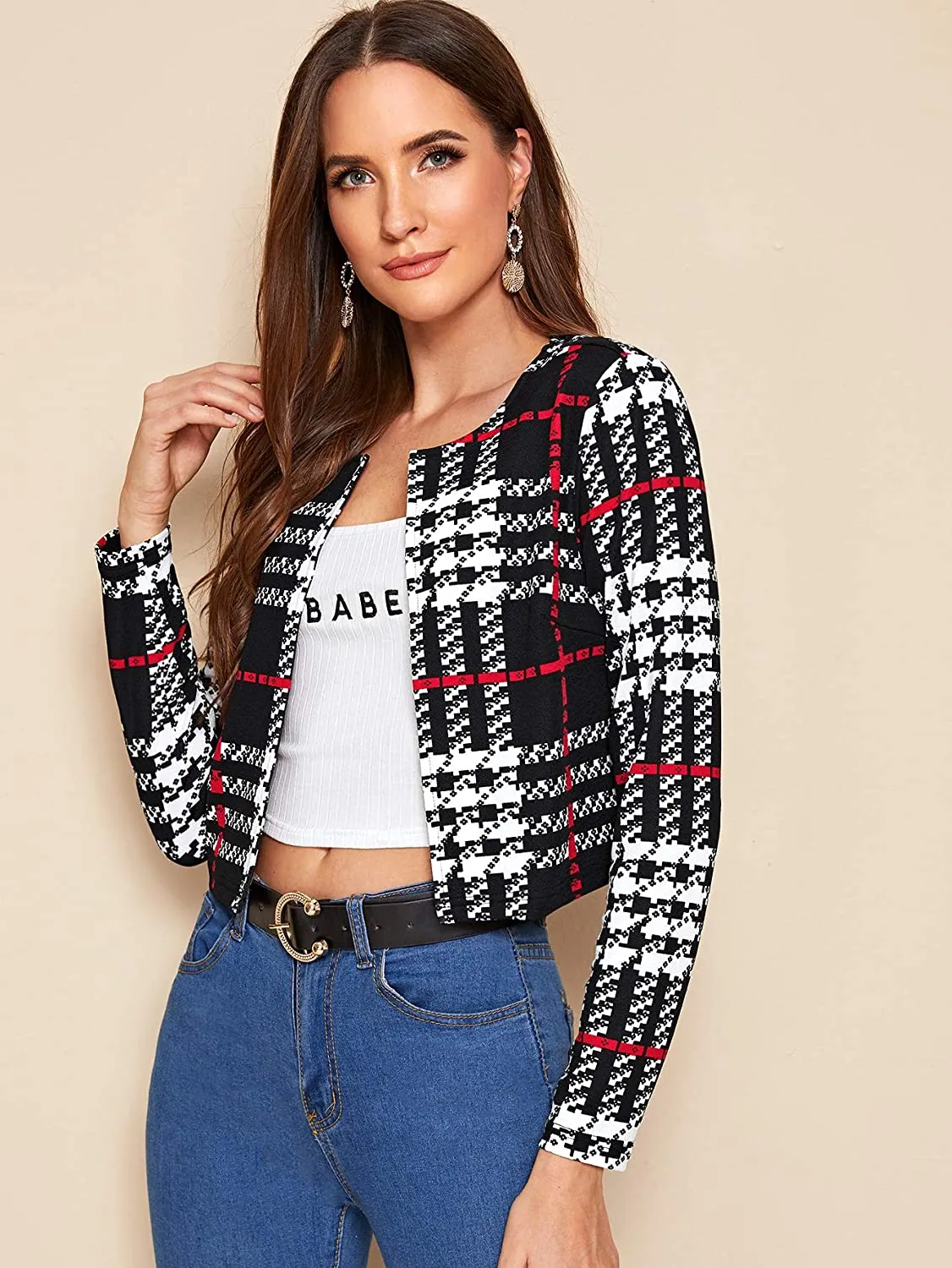 MakeMeChic Women's Casual Grid Print Long Sleeve Open Front Blazer Crop Top