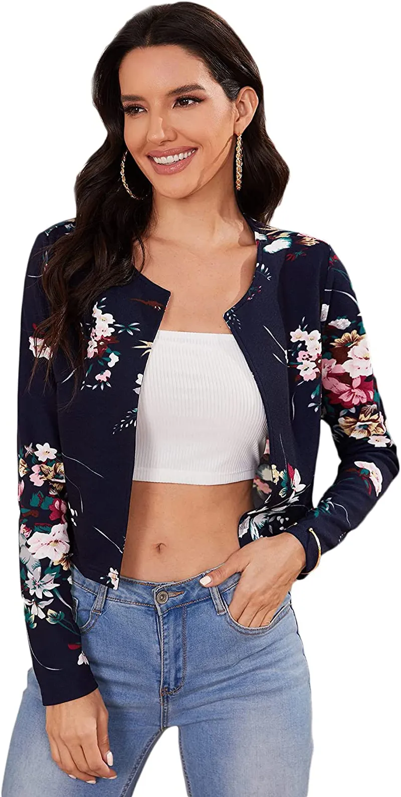 MakeMeChic Women's Casual Grid Print Long Sleeve Open Front Blazer Crop Top