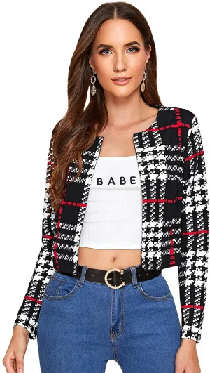 MakeMeChic Women's Casual Grid Print Long Sleeve Open Front Blazer Crop Top