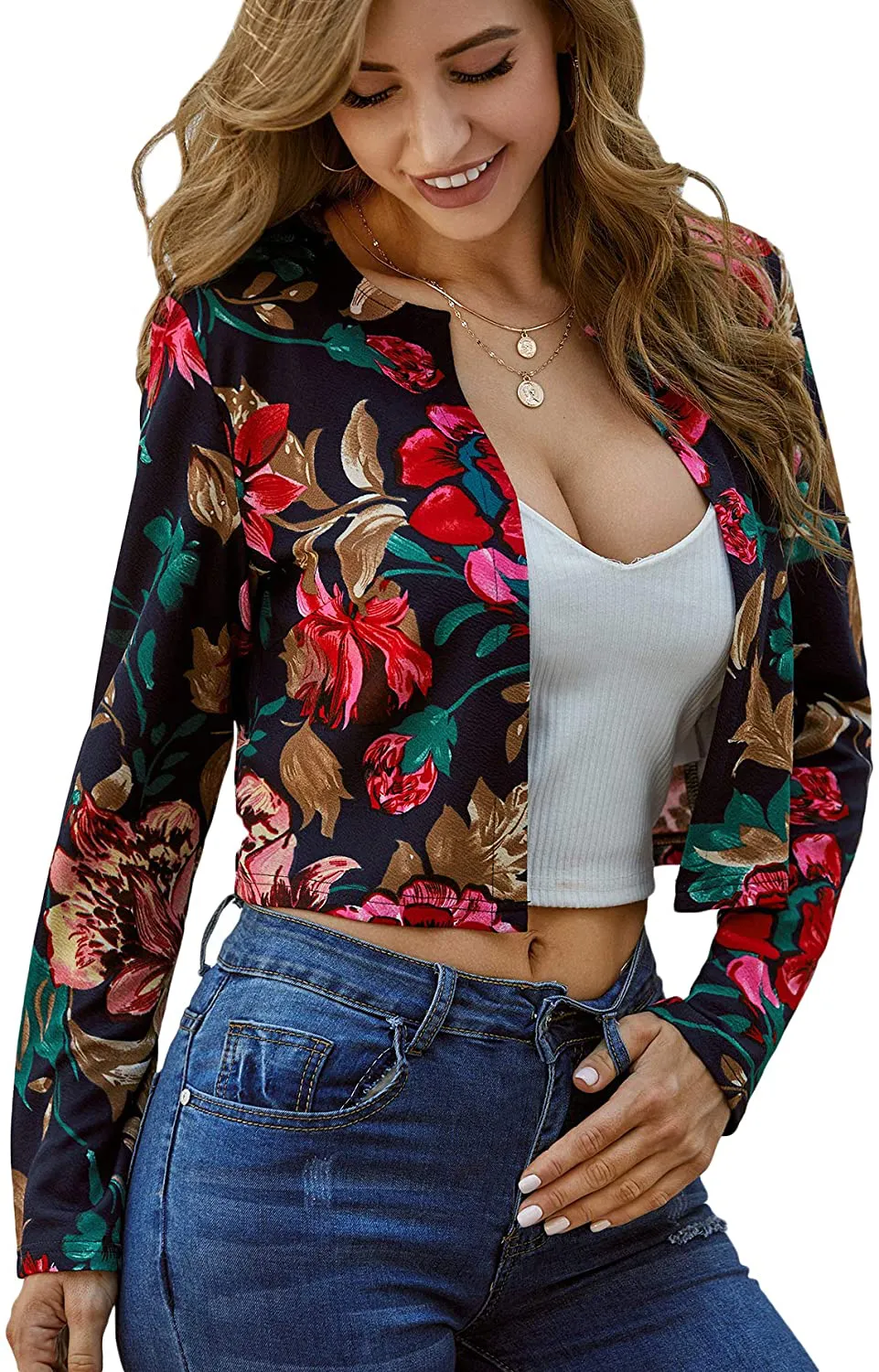 MakeMeChic Women's Casual Grid Print Long Sleeve Open Front Blazer Crop Top