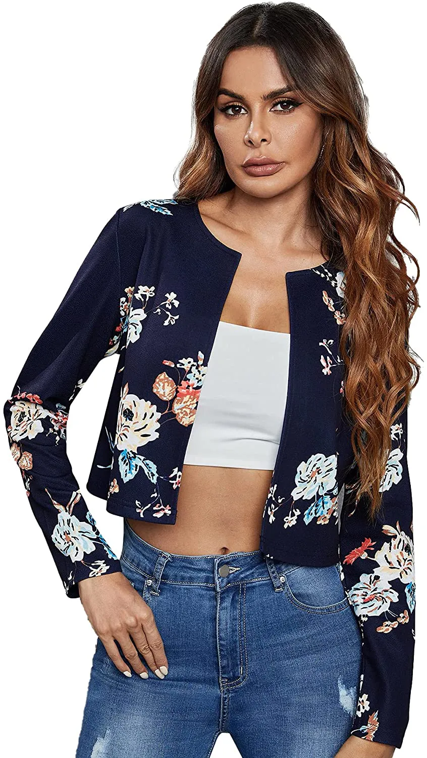 MakeMeChic Women's Casual Grid Print Long Sleeve Open Front Blazer Crop Top