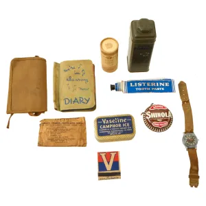 Original U.S. WWII US Army Personal Effects Lot Featuring Misalla Ltd “PX Watch” and Diary For Pvt. Ernest Bassett, US Army Signal Corps - 10 Items