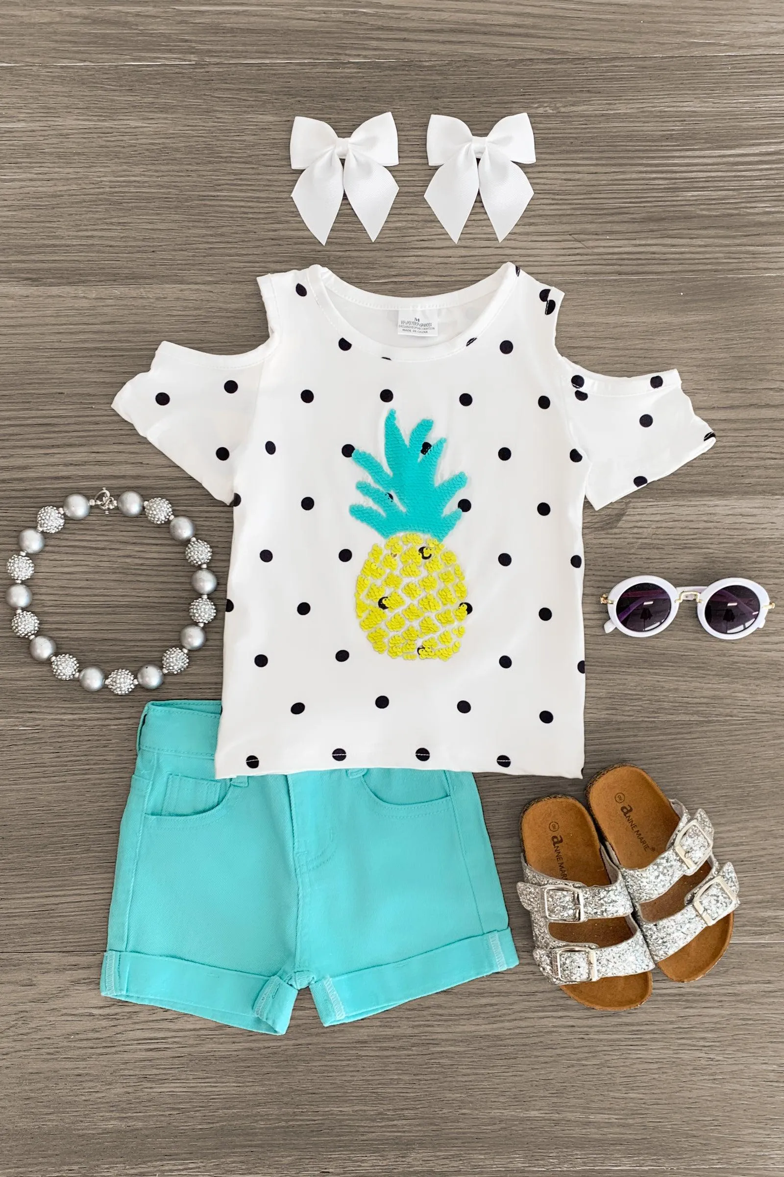 Polka Dot Pineapple Denim Short Set