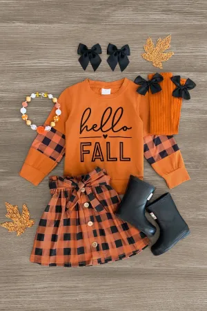 "Hello Fall" Orange Plaid Skirt Set