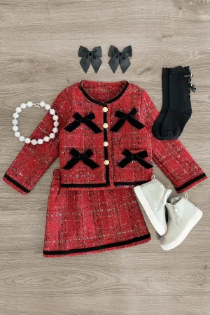 Red Velvet Bows & Pearls Skirt Set