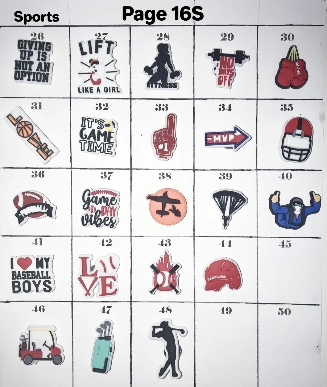 Sports themed shoe charms, hockey, cheerleader, football, volleyball, skates, weights, razor