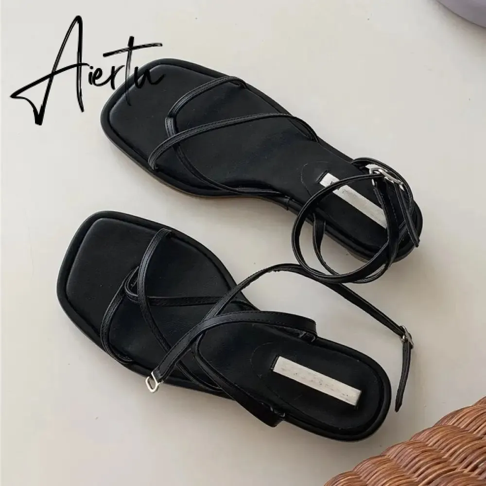 Summer Women Sandal Shoes Low Round Heel Narrow Band Gladiator Casual Sandal Ladies Casual Outdoor Beach Slides