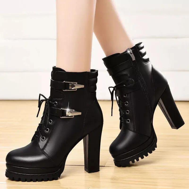 Trendy Soft Leather Black Chunky Heel Boots