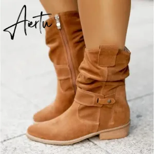 Winter Warm Suede Women Boots Vintage Zipper Shoes Buckle Lady Mid-Calf Boot Outdoor Thick Low Heel Female Pointed Booties