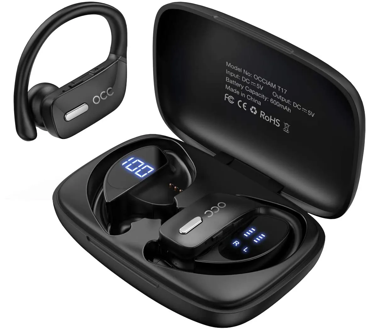 Wireless Earbuds Occiam Bluetooth Headphones 48H Play Back Earphones in Ear Waterproof with Microphone LED Display for Sports Running Workout Black