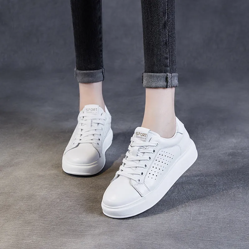 Women Fashion Hollow Leather Flat Skate Sneakers