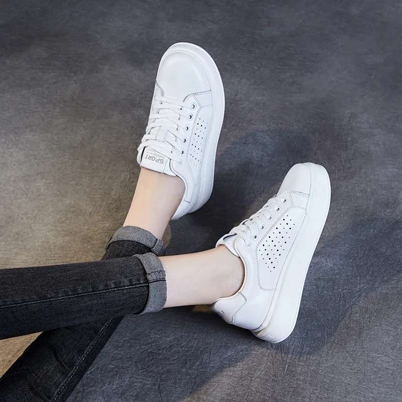 Women Fashion Hollow Leather Flat Skate Sneakers