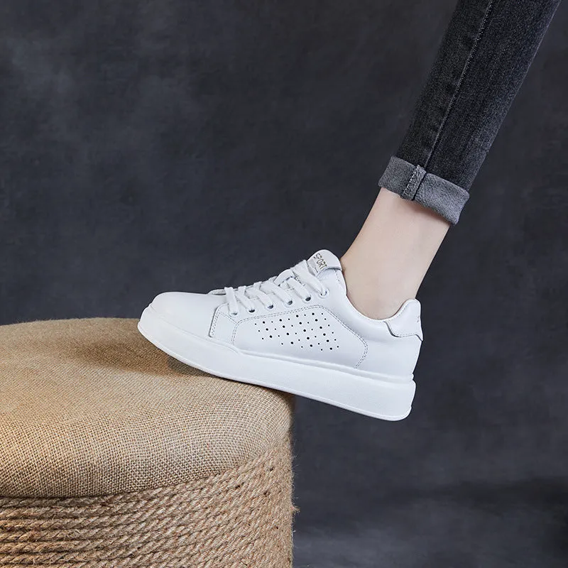 Women Fashion Hollow Leather Flat Skate Sneakers