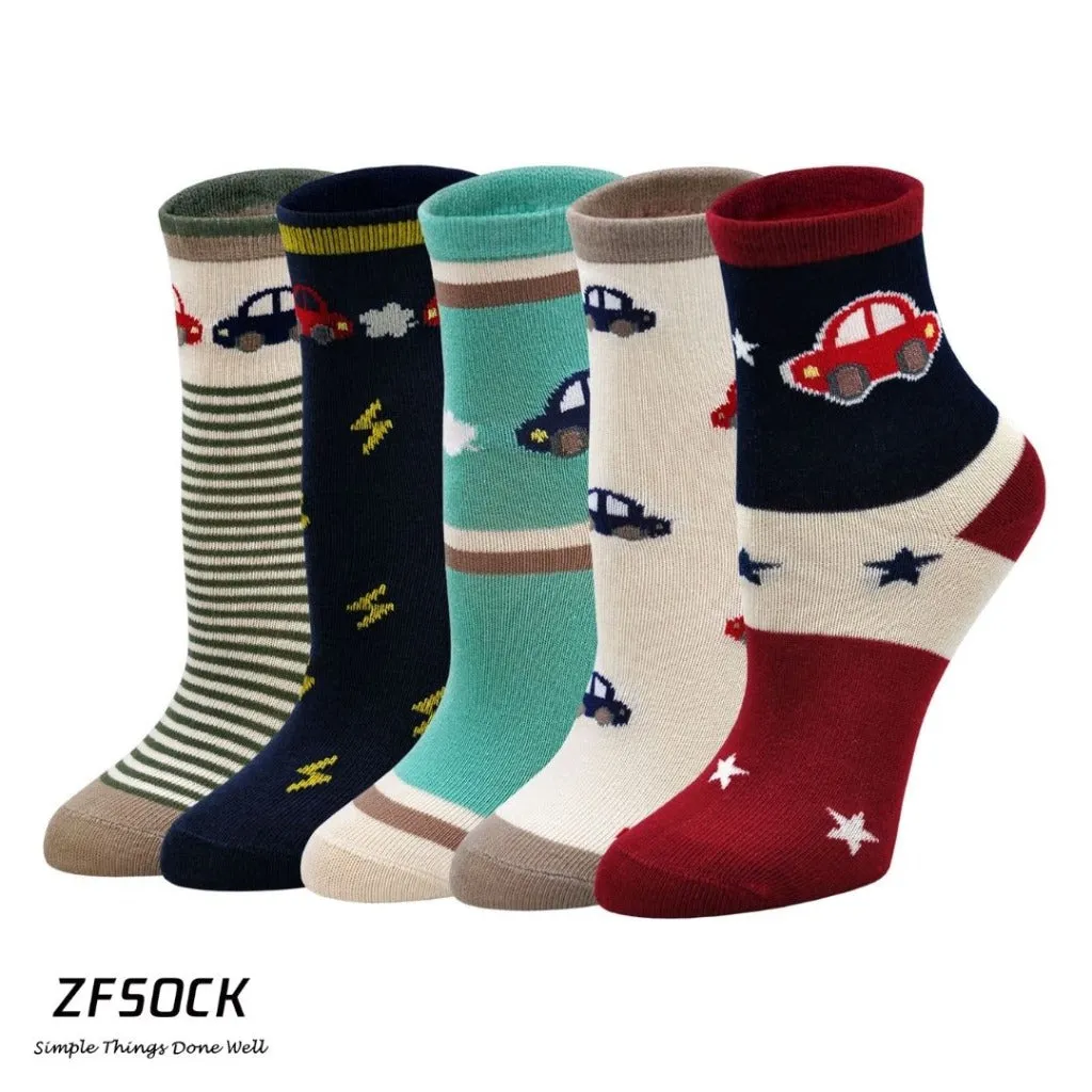 ZFSOCK Cute Car Designs Crew Socks for Kids Boys, 5 Pairs